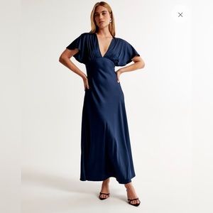NWT Abercrombie Flutter Sleeve Satin Maxi Dress, size small, navy